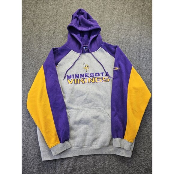Reebok Minnesota Vikings Hoodie Mens Size Large Gray/Purple/Yellow Pouch Sweater - Picture 1 of 10